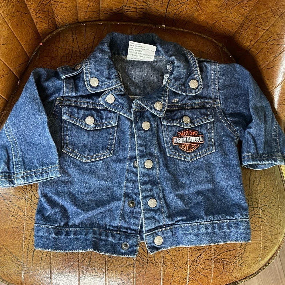 Vintage Harley-Davidson Motorcycle Blue Jean Jacket for Infant. Size One Size.